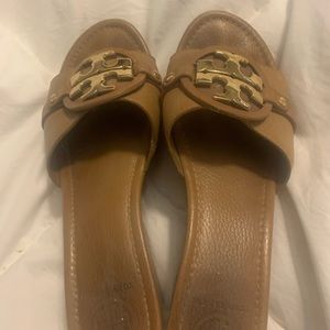Tory Burch tan wedge sandals.